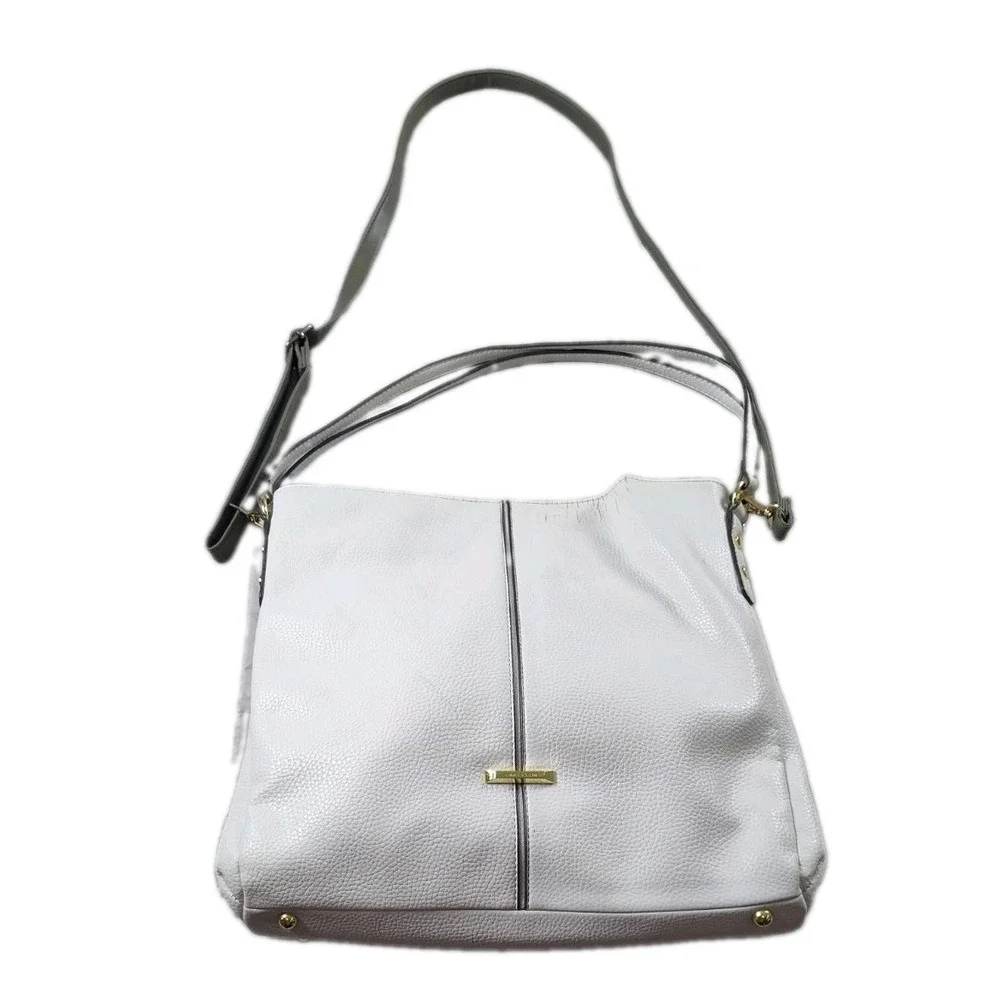 Anne Klein White Pebbled Faux Leather Satchel Shoulder Bag Logo/Gold Hardware